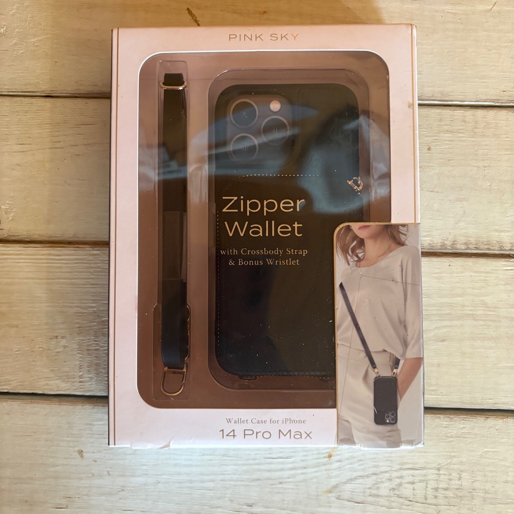 Pink Sky Zipper Wallet Case iPhone 14 Pro Max Crossbody Strap Wristlet Black NEW